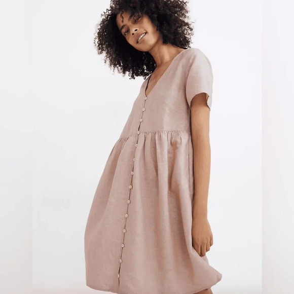 MADEWELL Linen Blend V-Neck Button Front Mini Dress in Antique Coral - Picture 2 of 9